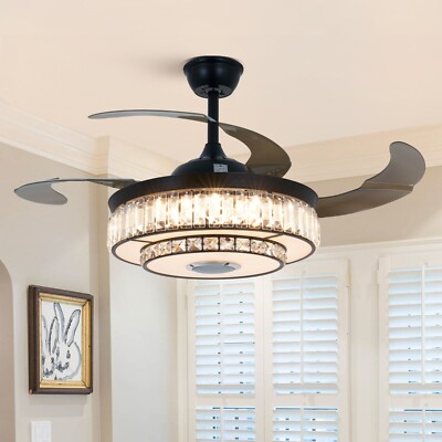 42''Multifunctional 7-Color LED Crystal Chandelier Bluetooth Ceiling Fan w/Remote