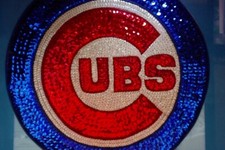 VINTAGE SEQUIN CHICAGO CUBS LOGO IN WOODEN BLACK WALL FRAME  12 X 15  RARE