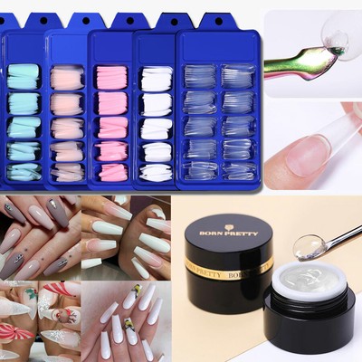 BORN PRETTY Solid Nail Tips Gel Glue with 100/500pcs Solid Color False Nail Tips
