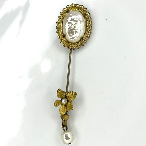 Miriam Haskell Vintage Baroque Pearl Russian Gold Plated Stick Hat Lapel Pin