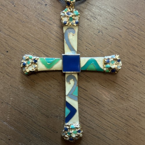 Vintage Hobe Large Enamel Cross Pendant Necklace 4 in tall