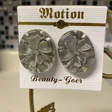 Vintage Enamel 3D Clip On Floral Earrings Silver Encapsulated In Lucite Motion