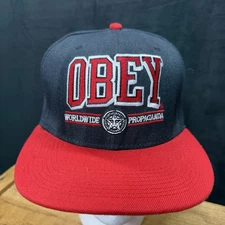 Obey Worldwide Propaganda Embroidered Logo Snapback Hat Black Red Cap Streetwear