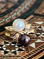 Elegant 14K Yellow Gold Double Akoya Pearl Ring