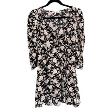 LoveShackFancy Silk Floral Mini Dress Women Black Excellent Tie Neck SIZE 4