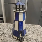 Beautiful VTG Tiffany Style Blue Stained Glass Lighthouse Table Lamp