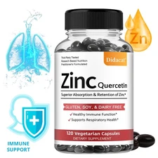 Zinc Capsules Quercetin Vegetarian Gluten Free Unflavored Supplement 30/60/120ct