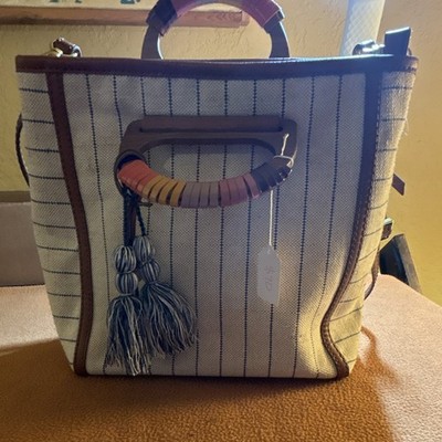 Fossil Striped Satchel Top Handle Bag Beige/Blue/Brown Leather Trim Tassel Charm