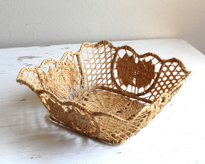 Hand Woven Sisal Needlewoven Basket Bowl Pierced Pristine Neat Lacy Delicate