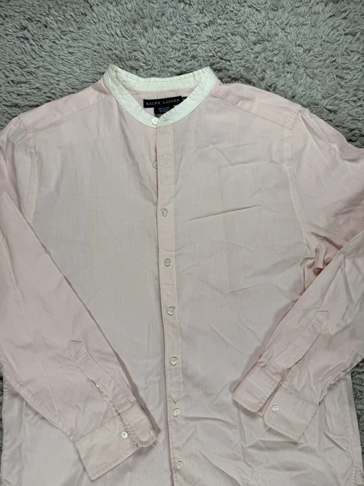 Camisa Ralph Lauren Hombres 14 Rosa Rayas Banda Cuello Postero Mandarín Mezcla de Lino Foto 2 de 4