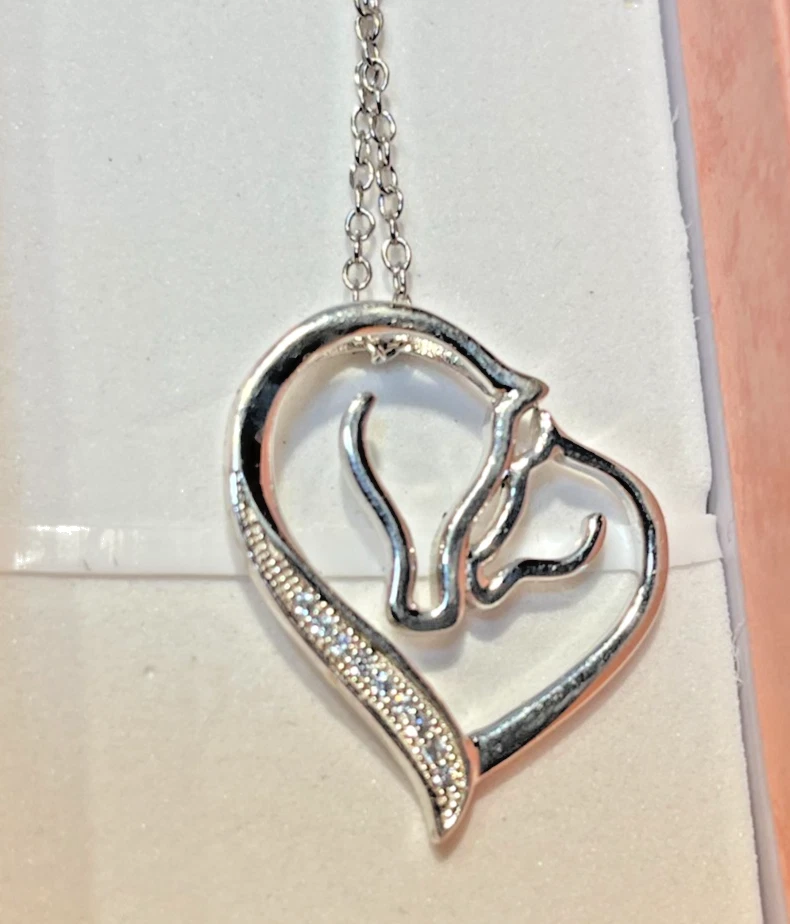 Винтажный серебро S925 две лошади головы и фианиты камни сердце подвеска ожерелье - Изображение 2 из 4