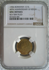 1906 Romania Carol-I Gold 12-1/2 LEI NGC UNC-Details 40TH Anniversary of Reign
