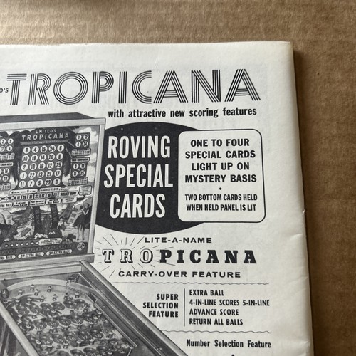 ORIGINALE Pinball Ad Tropicana Bingo United 10 3/4 By8" VOLANTINO GIOCO ARCADE - Foto 2 di 2