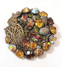 Vintage Alice Caviness Yellow Topaz Vitrail Rhinestone Lava Filigree Brooch