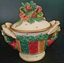 FITZ AND FLOYD Damask Pinecones CANDY BOWL  Covered Lid Christmas Angel   1995