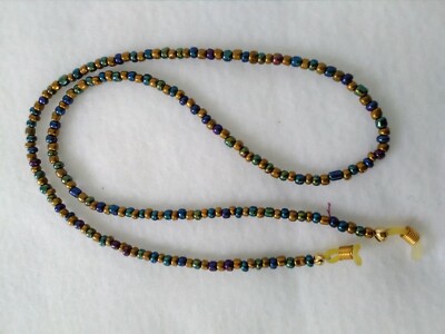 Multi-Blue/Gold Glass Colored Bead Eyeglass Holder Chain Necklace 