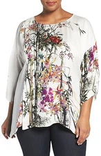 Citron Plus Clothing 100% Silk Art To Wear White Floral  Fukure Blouse 0X