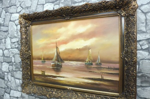 Beautiful Antique Oil Painting Canvas Sunset at Sea - Picture 3 of 12