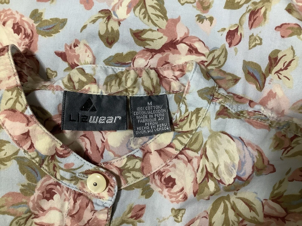 Blusa Top LizWear Mujer Talla M Azul Algodón Floral Cuello Banda Largo Slv Cottage Core Foto 2 de 4