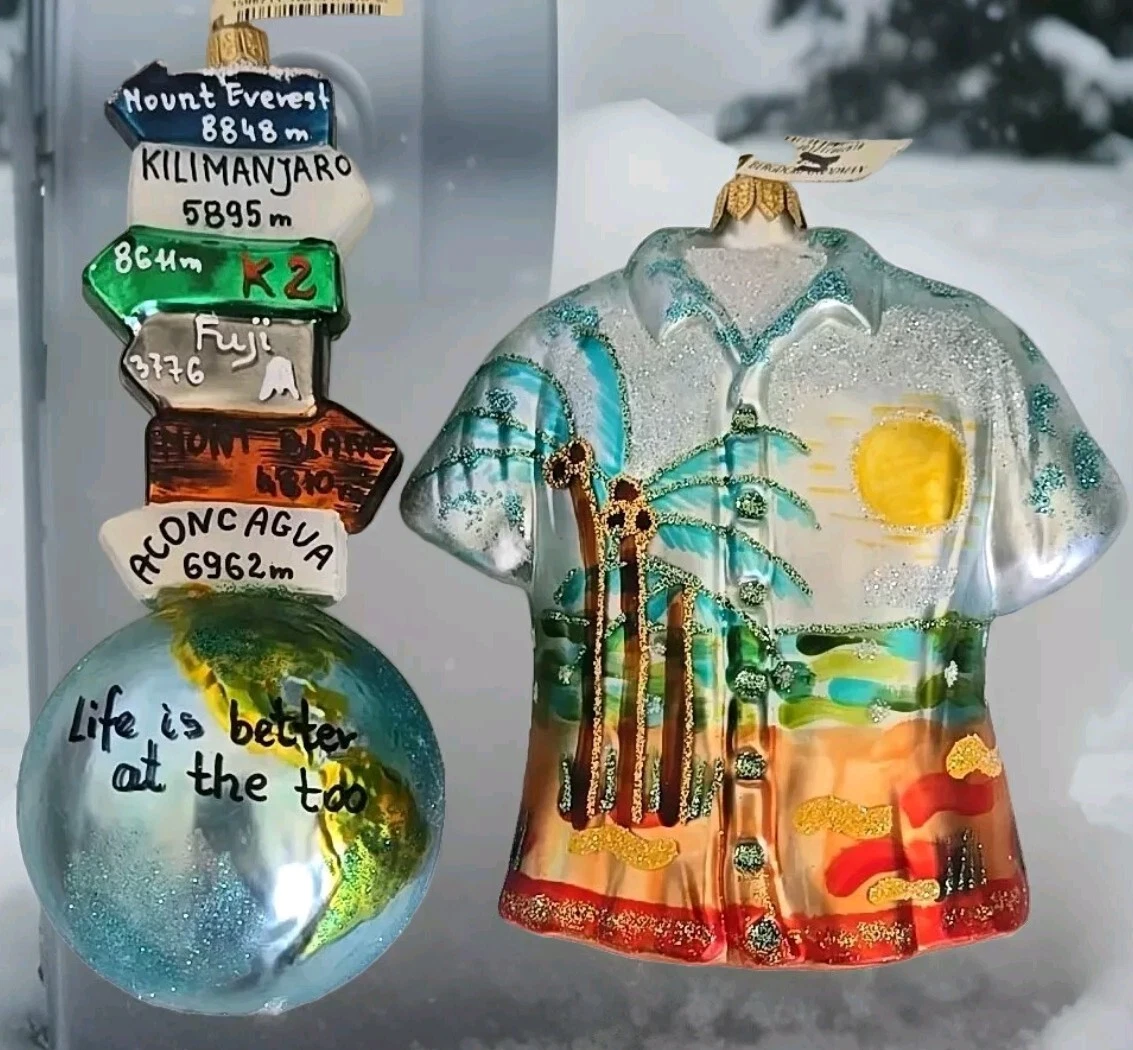 Bergdorf Goodman Christmas Aloha Shirt  Top Of The World 2 Ornaments Glass Paint