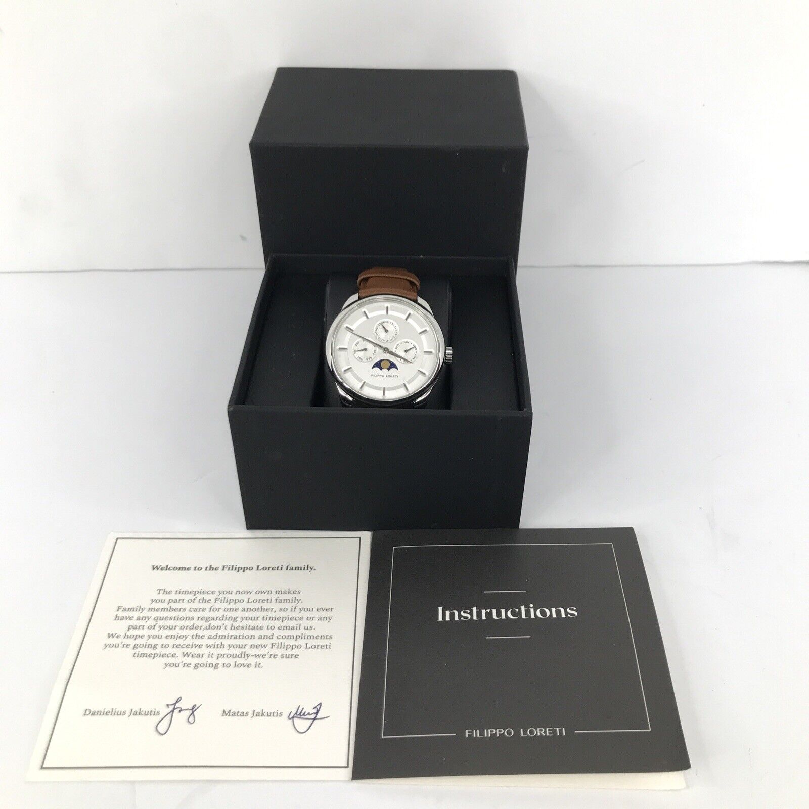 Filippo Loreti Men's Silver Venice Moonphase Brown Leather Bracelet Watch