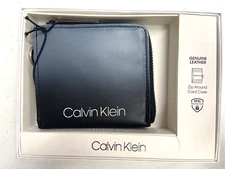 Calvin Klein Men RFID Zip Card Wallet Gusset C Black Gray Leather MSRP $50
