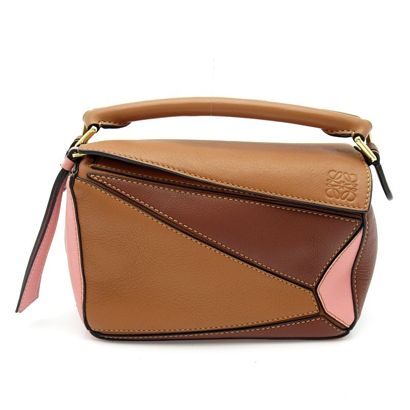LOEWE Puzzle Bag Mini Tricolor Soft grain calf Handbag Brown / pink USED