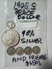 1925-S 90% Silver Peace Dollar & 4 Mercury Silver Dimes, 1964 Dime COBM-9548
