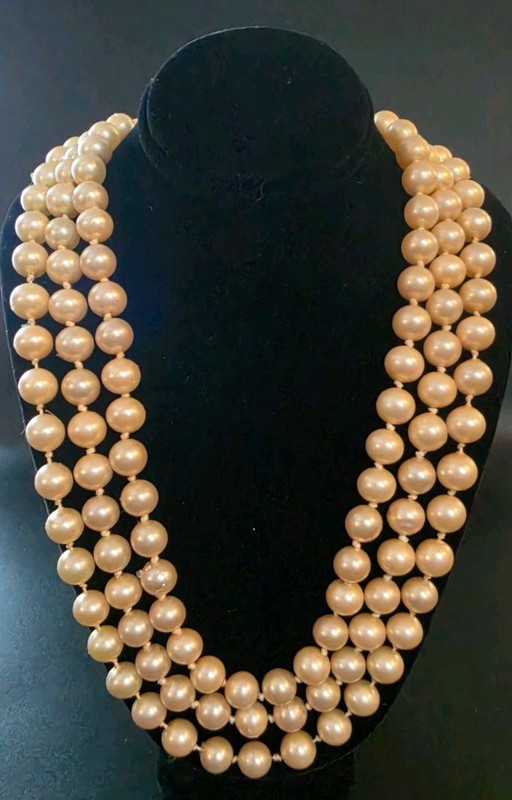 925 Clasp: Three Strand Clear coated Faux Pearl 18" Necklace, w/Ornate Box Clasp