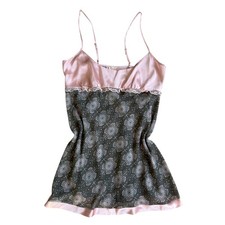Vtg Pink Satin Grey Floral Mesh Slip Dress Chemise Medium y2k coquette girly