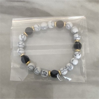 Howlite Beaded Bracelet White Black Gold Stackable Marble Pattern Nature Theme