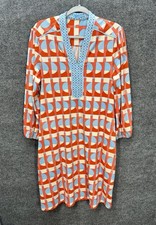 J McLaughlin Emer Shift Dress Women Large Blue Orange Coral Long Sleeve Pockets