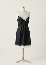 Soft Black  White Lace Trim Bow V - Neck Cotton Polyester Chemise Nightgown M