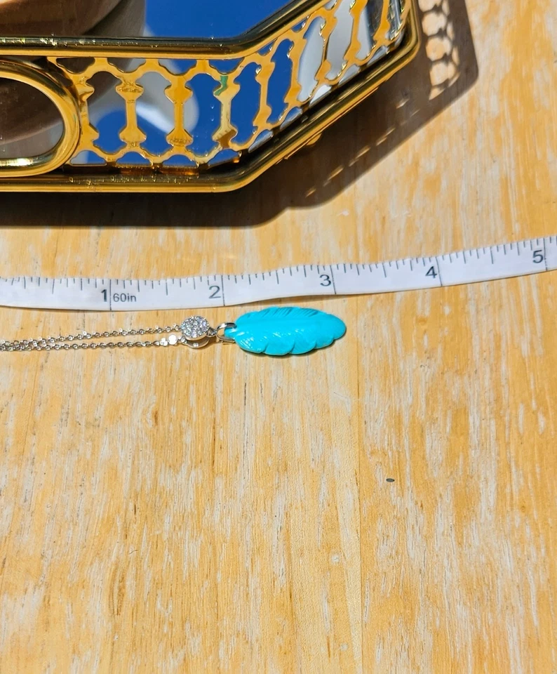 Collar Colgante Pluma Azul Cielo Turquesa Natural Joyería Plateado Nuevo Foto 4 de 4