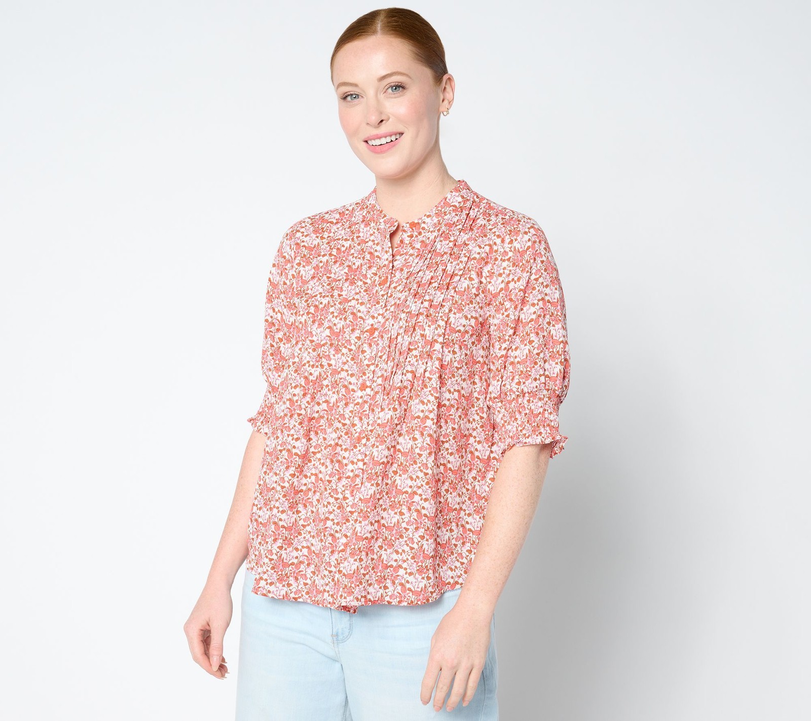 NYDJ Women's Top Sz M Short Sleeve Pleated Peasant Blouse Pink A654824