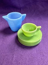 Vintage Akro Agate Jadeite Children  s Dish Set 6Pieces 1940  s W/ Blue Pitcher