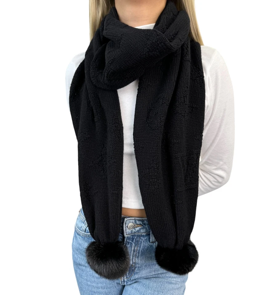 LOUIS VUITTON Vintage LV Monograma Logo Tejido Bufanda Chal Envoltura Piel Negro Cachemira Foto 2 de 4