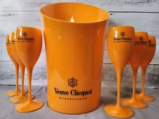 Veuve Clicquot Orange Acrylic Magnum Champagne Ice Bucket 15" With 6 Flutes New 