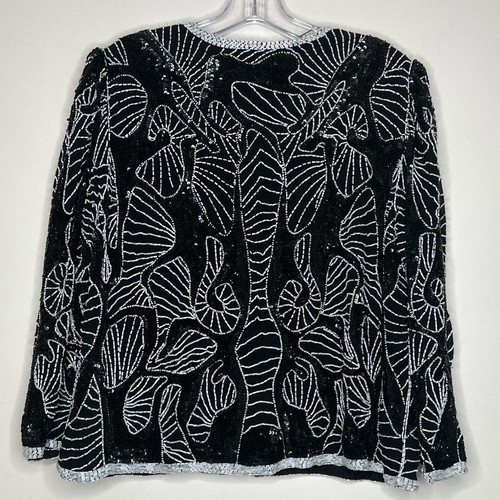 Vintage 80s Sequin Beaded Cardigan Jacket Sz M Black White Shoulder Pads Cropped - Picture 9 of 14
