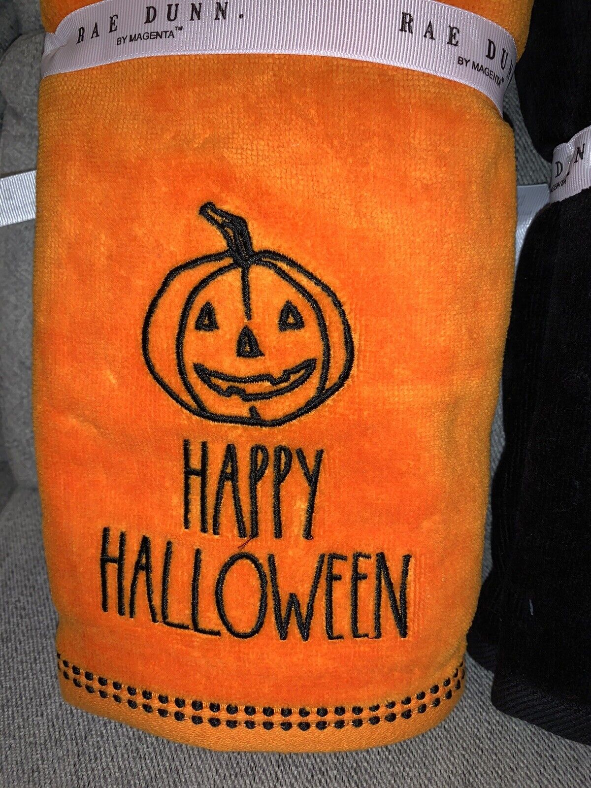 Rae Dunn Halloween Orange Black White Hand Towels Embroidered 
