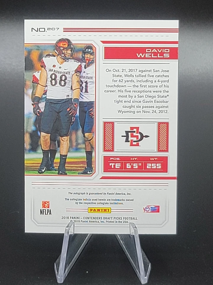 2018 Panini Contenders Draft Picks DAVID WELLS RC Auto San Diego State Cardinals - Image 2 of 2