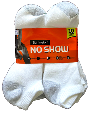 #ad BURLINGTON 10 PR NO SHOW MEN#x27;S CUSHIONED SOCKS WHITE SIZE LG FIT 6 12 SHOE USA $19.77