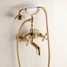 Polished Gold Wall Mount Bathtub Shower Tap Bathroom Bath Water Mixer Hand Spray