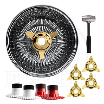 14x7 Rev 100 Spoke SL Wire Wheels + Zenith 3 Bar Gold KO + Locking Adapters, Set