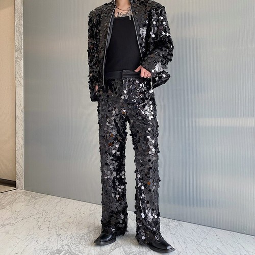 Pantaloni casual personalizzati paillettes dritti fondo a campana pantaloni belli palco uomo - Foto 26 di 26