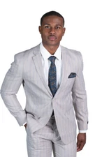 Slim Fit 2 Button Men Blazer Pinstripe Tan Blue Line Notch Lapel Jacket AZAR MAN