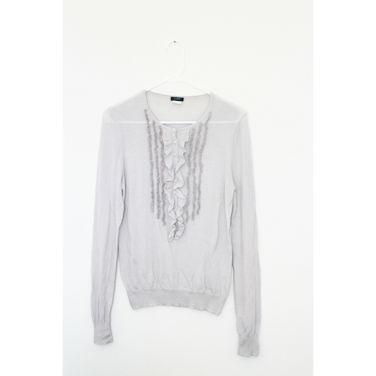 Pull J.Crew Bleu Gris 100% Laine Mérinos - Volants Et Boutons, Taille M, Occasion Très Bon état