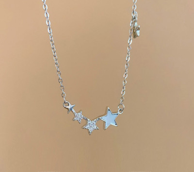 Silver 5 Stars Cubic Zirconia Shell Pendant Chain Necklace