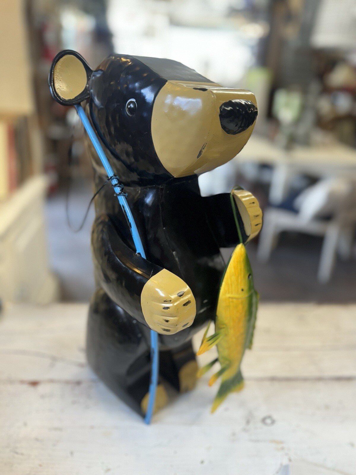 Fishing Bear Metal Garden Statue for Cabin Decor 20 Inch