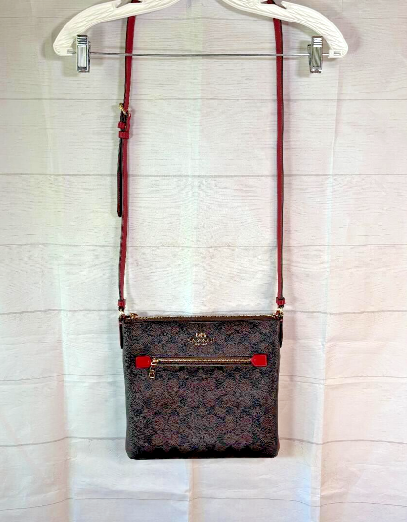COACH Rowan File Bag in Signature Canvas & Leather with Brown Red Straps NWOT